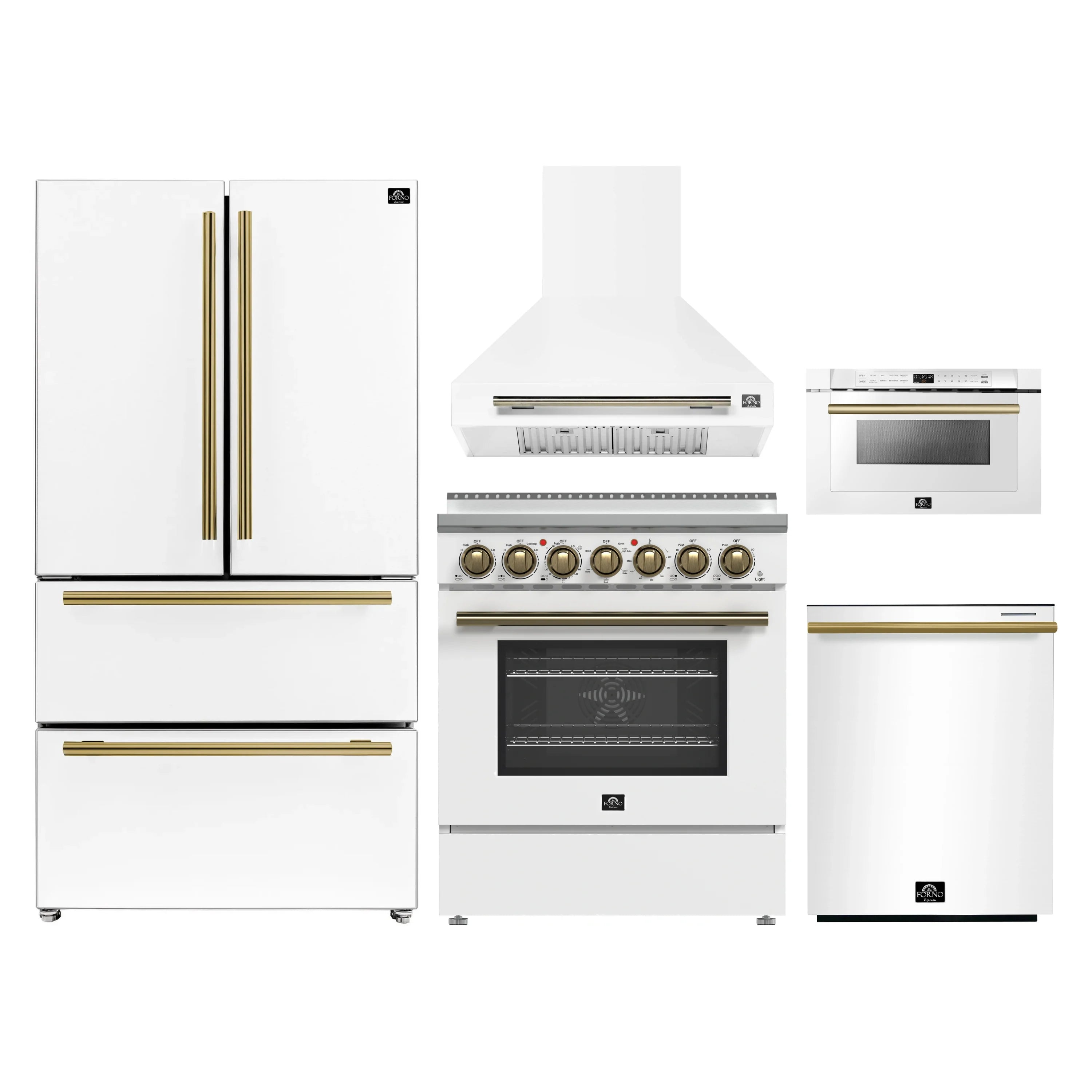 White appliance suite with refrigerator, electric range, range hood, and microwave