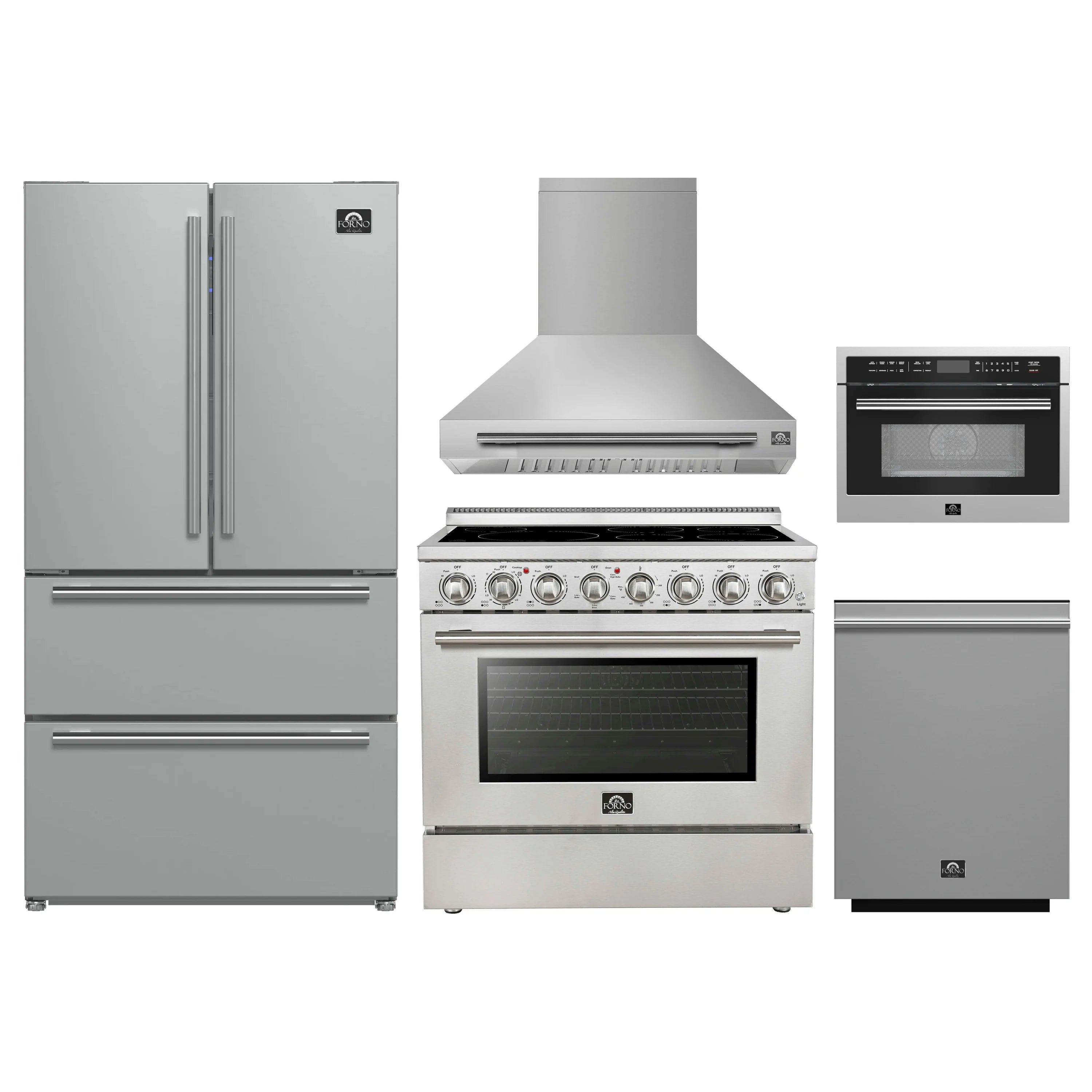 Stainless steel kitchen appliance set: refrigerator, range, hood, and microwave