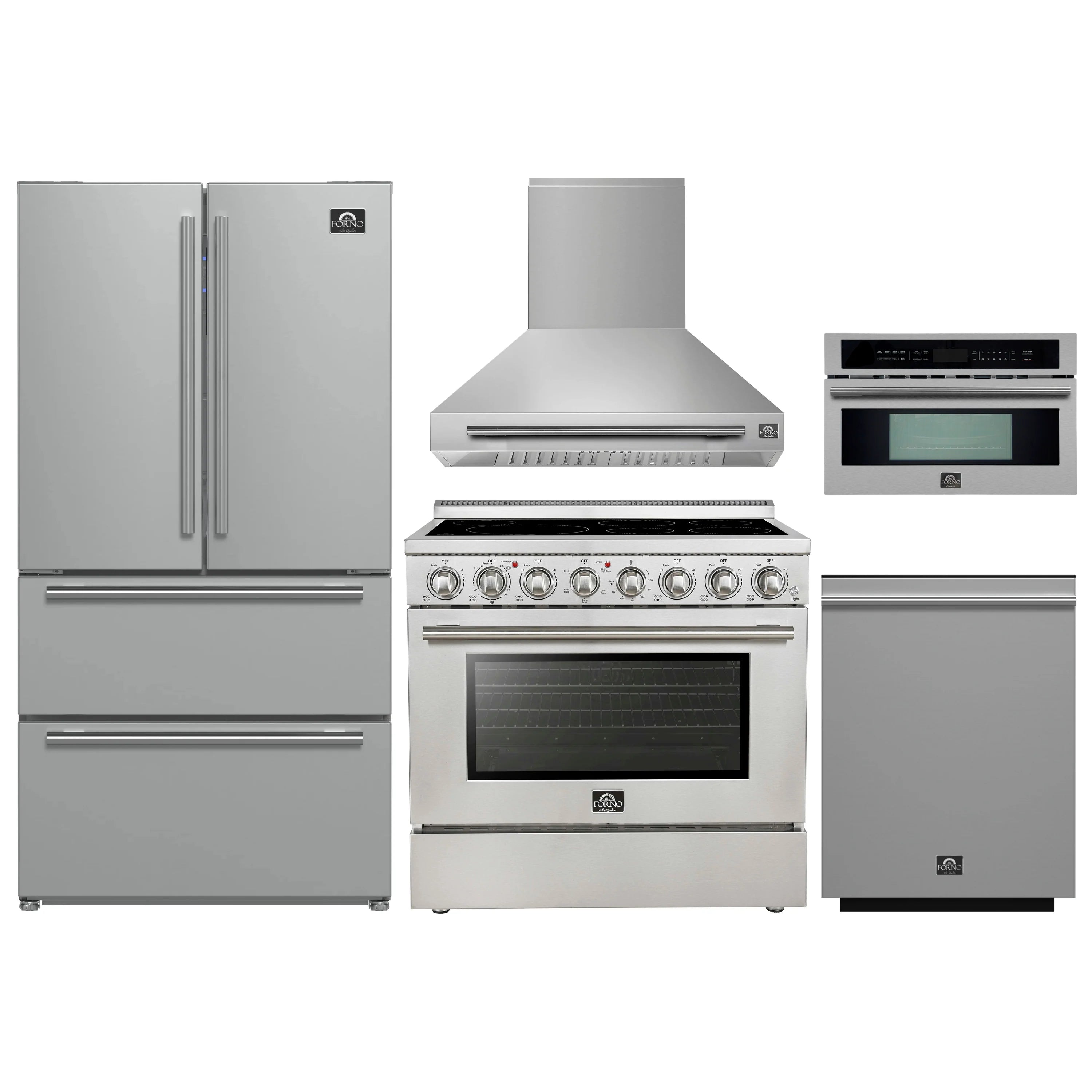 Stainless steel appliance set with range, hood, refrigerator, microwave, dishwasher