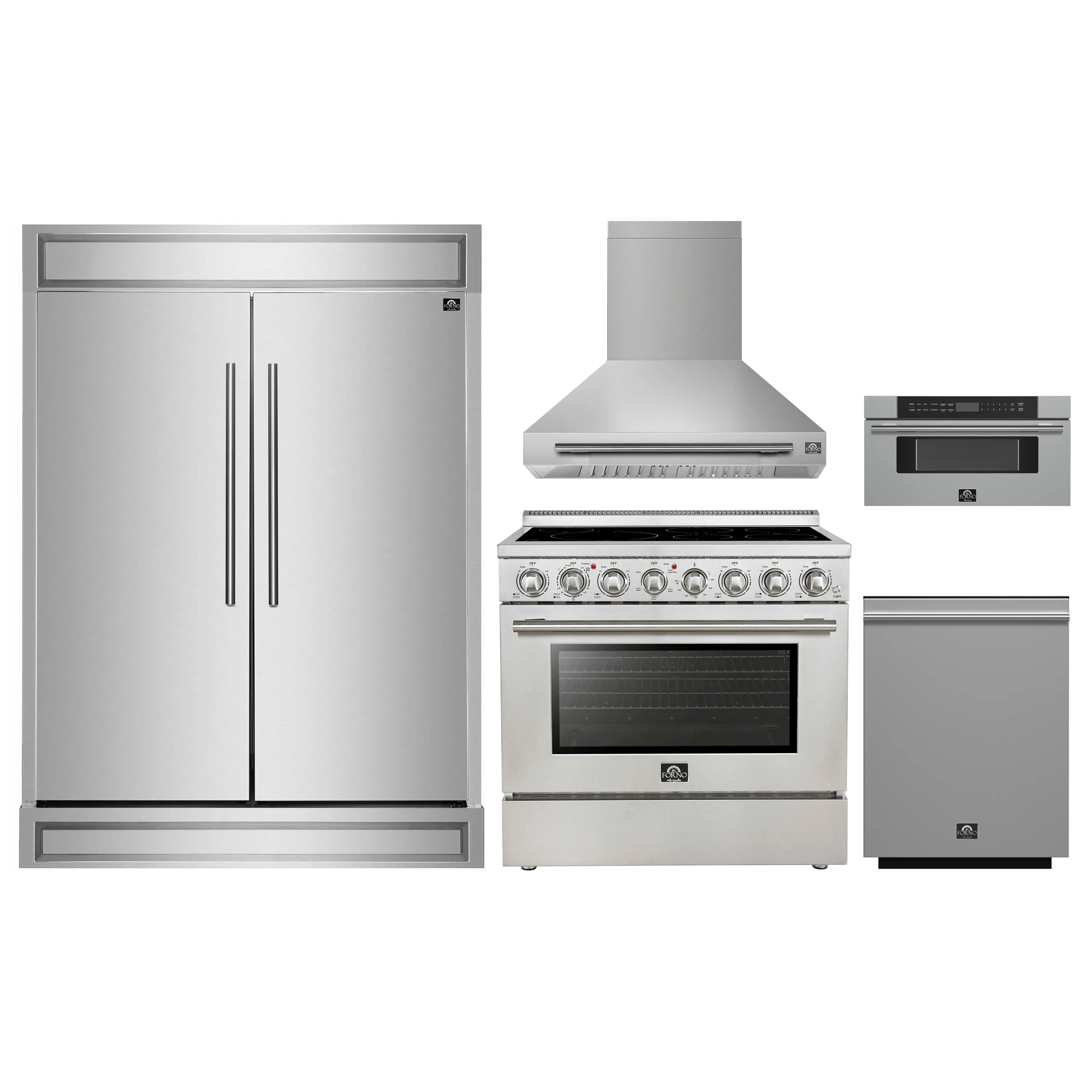 Stainless steel appliance package: refrigerator, electric range, hood, microwave, dishwasher