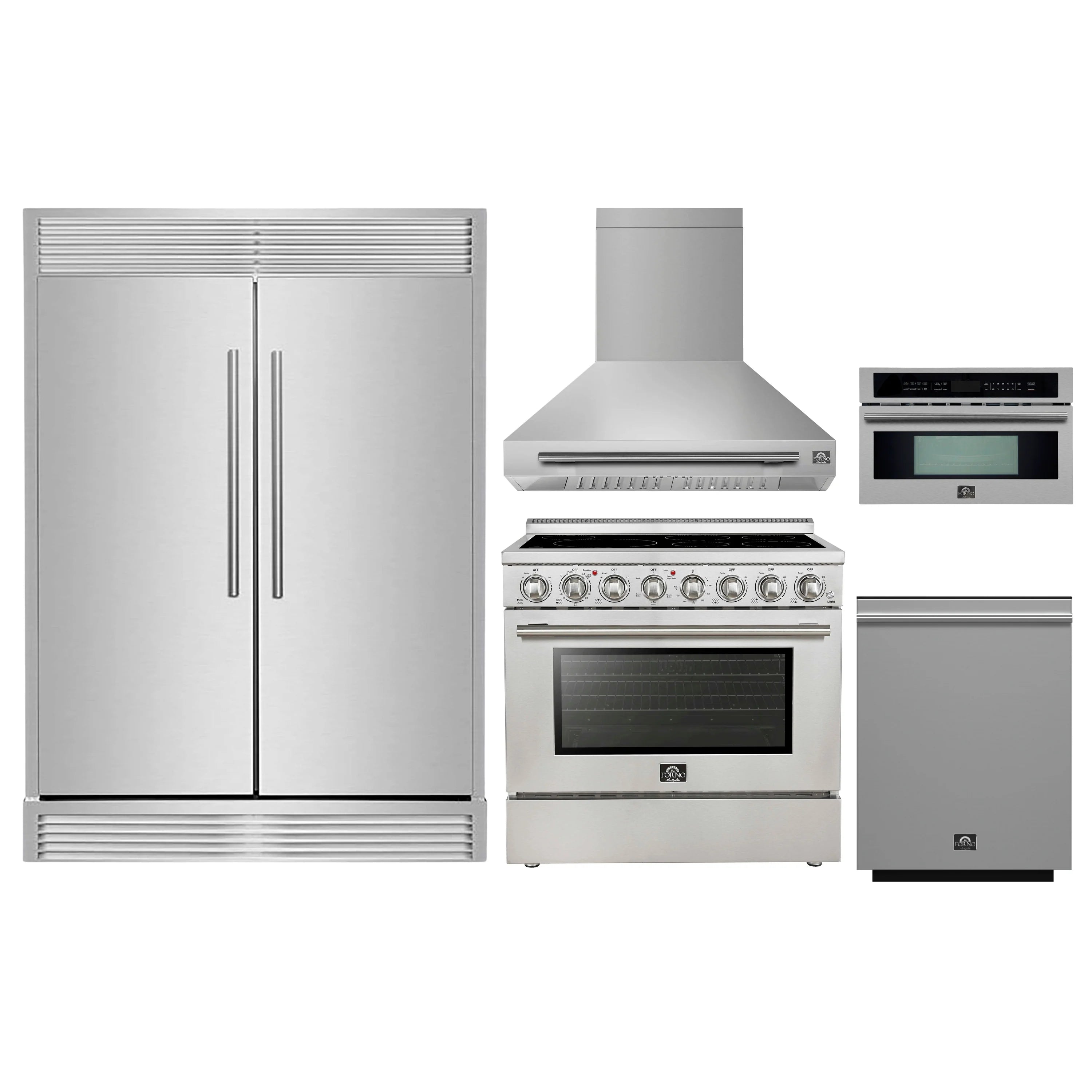 Stainless steel kitchen appliance set: refrigerator, electric range, range hood, microwave