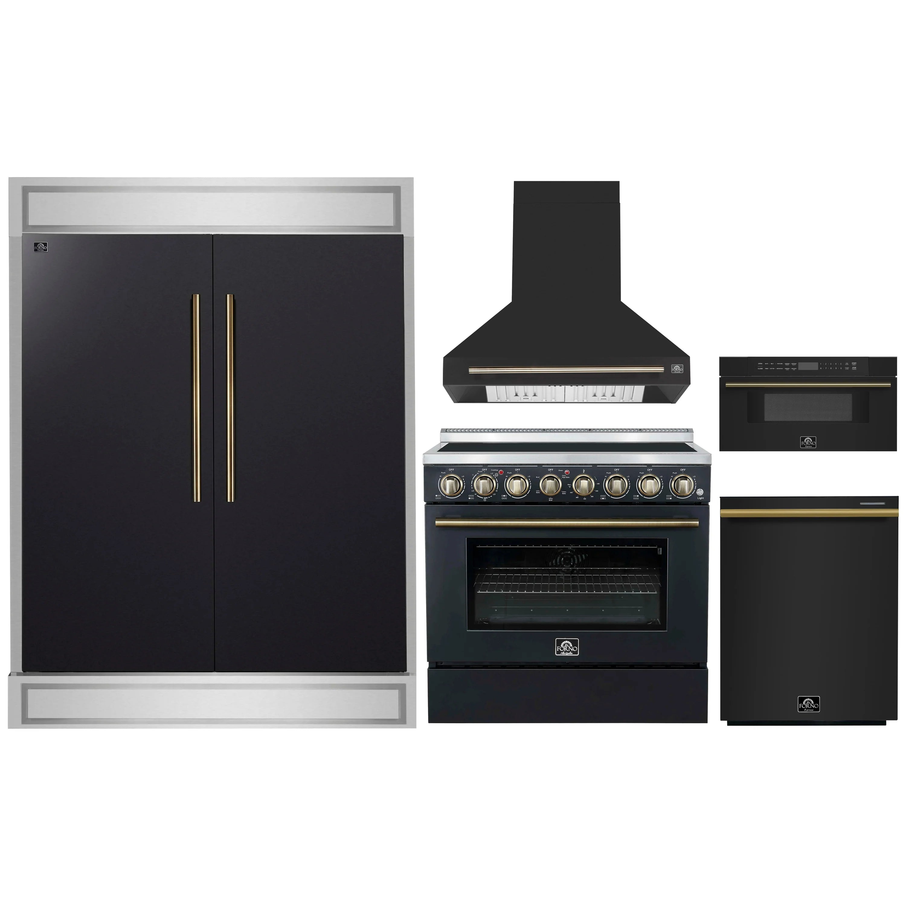 Black kitchen appliance set with antique brass handles, including range and refrigerator