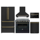 Forno 5-Piece Appliance Package - 36-Inch Electric Range, Wall Mount Range Hood, 36-Inch Refrigerator, Dishwasher, and 24-Inch Microwave Drawer in Black with Antique Brass Handle