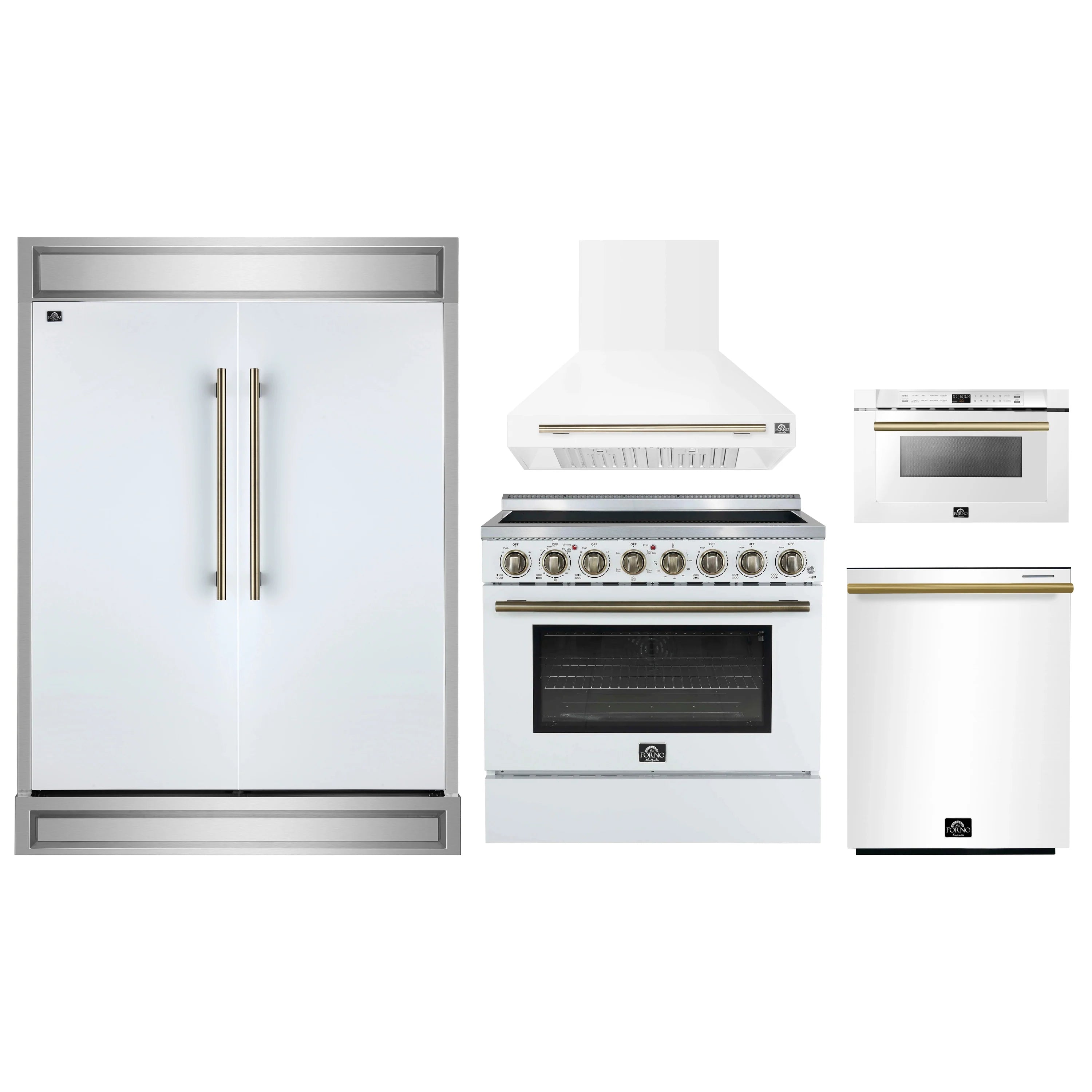 White 5-piece kitchen appliance set with refrigerator, electric range, hood, and dishwasher