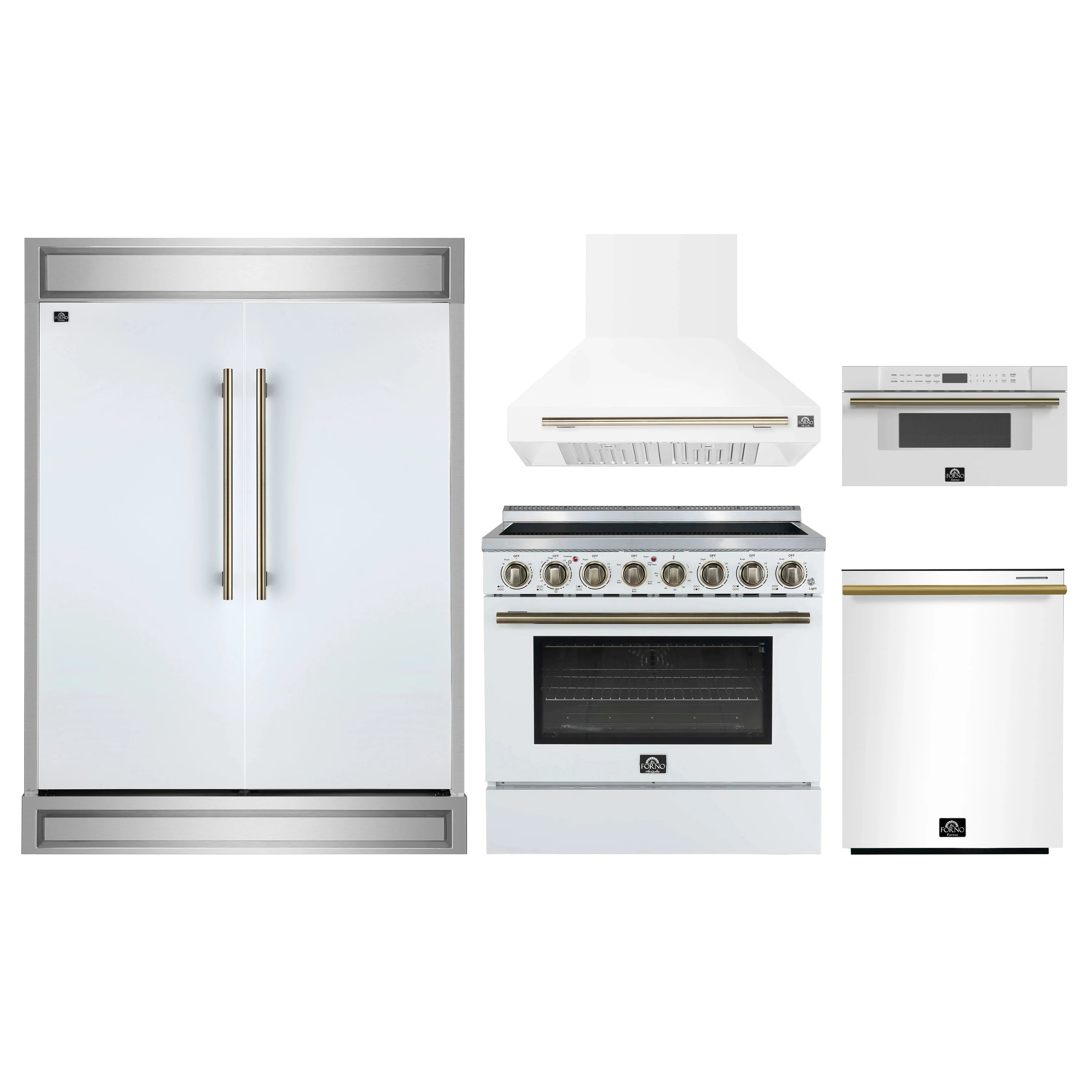 Kitchen appliance package with white refrigerator, electric range, and range hood