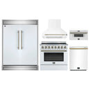 Forno 5-Piece Appliance Package - 36-Inch Electric Range, Wall Mount Range Hood, 60-Inch Refrigerator, Dishwasher, and 30-Inch Microwave Drawer in White with Antique Brass Handle