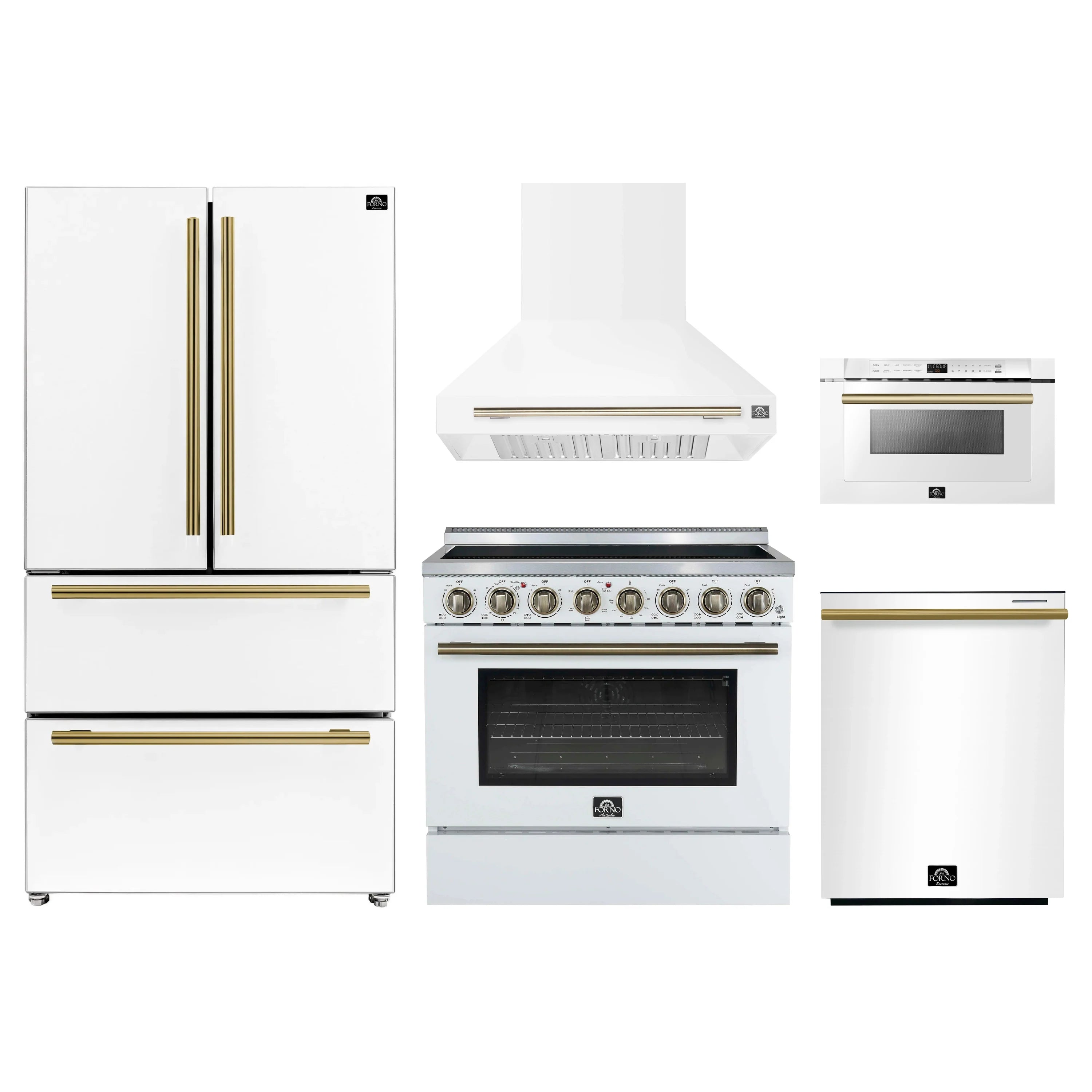 White 5-piece appliance package: range, wall hood, refrigerator, microwave drawer, dishwasher
