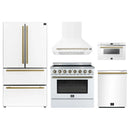 Forno 5-Piece Appliance Package - 36-Inch Electric Range, Wall Mount Range Hood, 36-Inch Refrigerator, Dishwasher, and 24-Inch Microwave Drawer in White with Antique Brass Handle