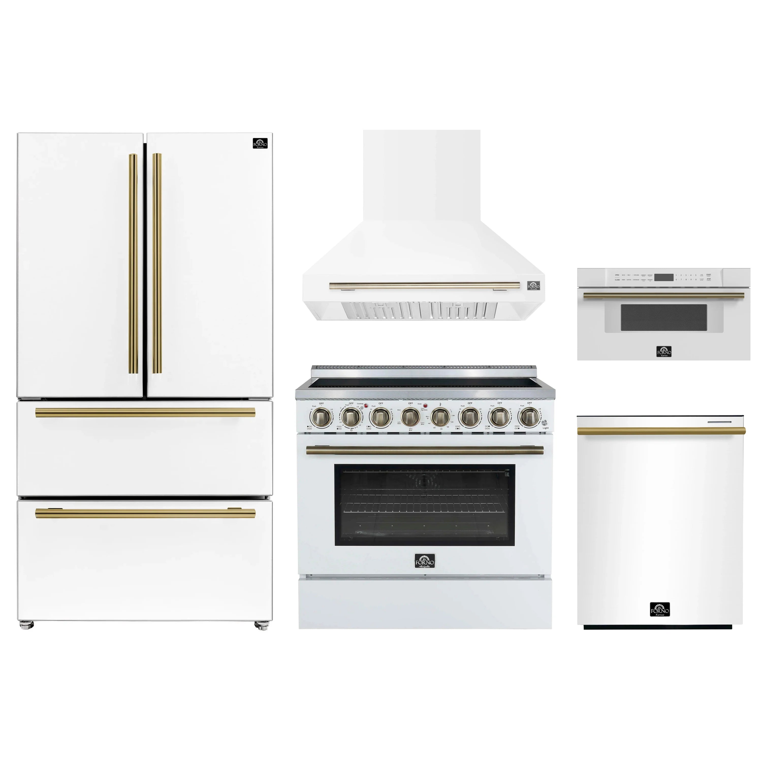 White 5-piece appliance package with electric range, hood, microwave drawer, fridge, dishwasher