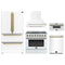 Forno 5-Piece Appliance Package - 36-Inch Electric Range, Wall Mount Range Hood, 36-Inch Refrigerator, Dishwasher, and 30-Inch Microwave Drawer in White with Antique Brass Handle