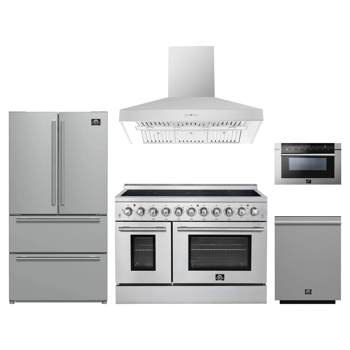 Forno 5-Piece Appliance Package - 48-Inch Electric Range, Wall Mount Range Hood, 36-Inch Refrigerator, Dishwasher, and 24-Inch Microwave Drawer in Stainless Steel