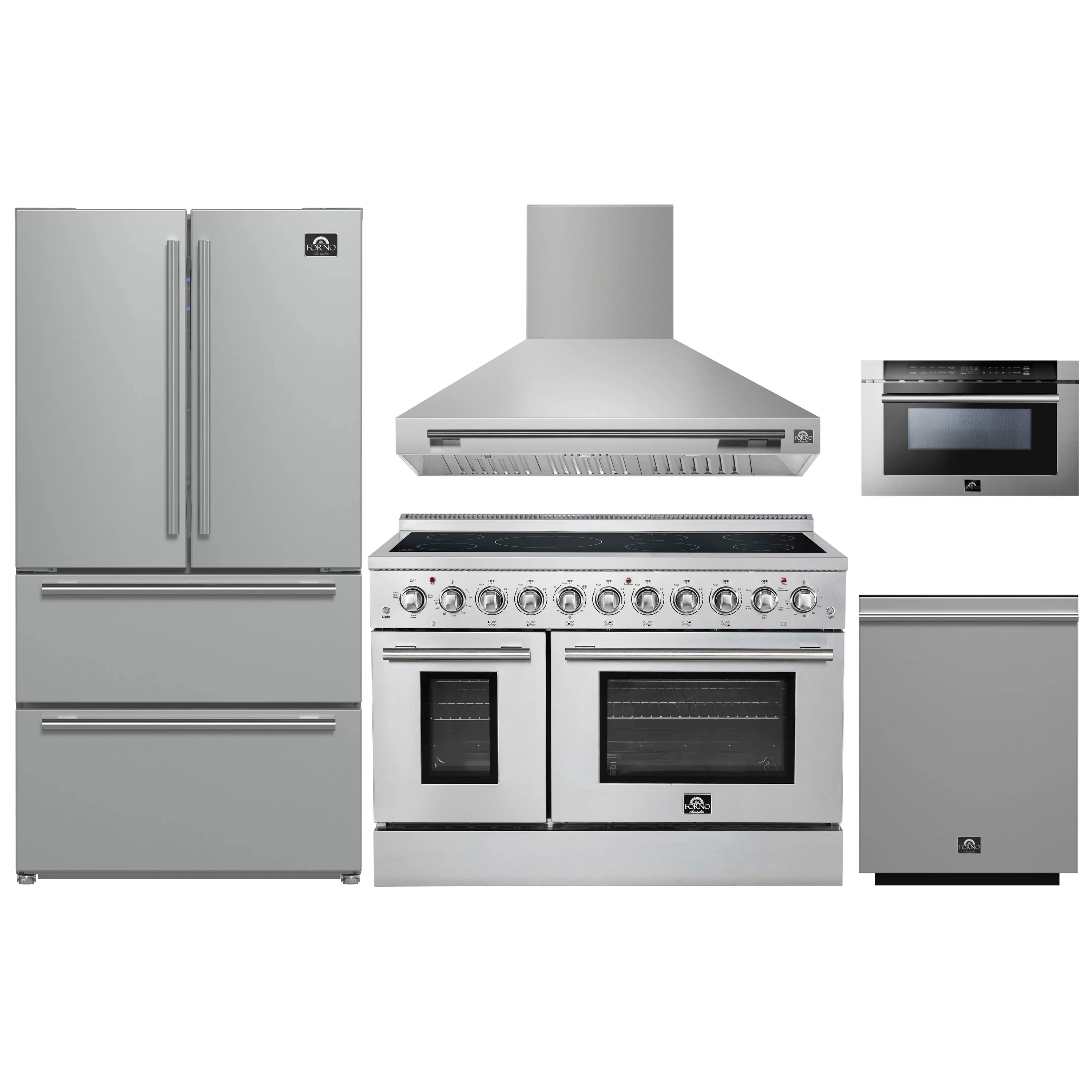 Stainless steel 5-piece kitchen appliance set with range, fridge, dishwasher, hood, microwave