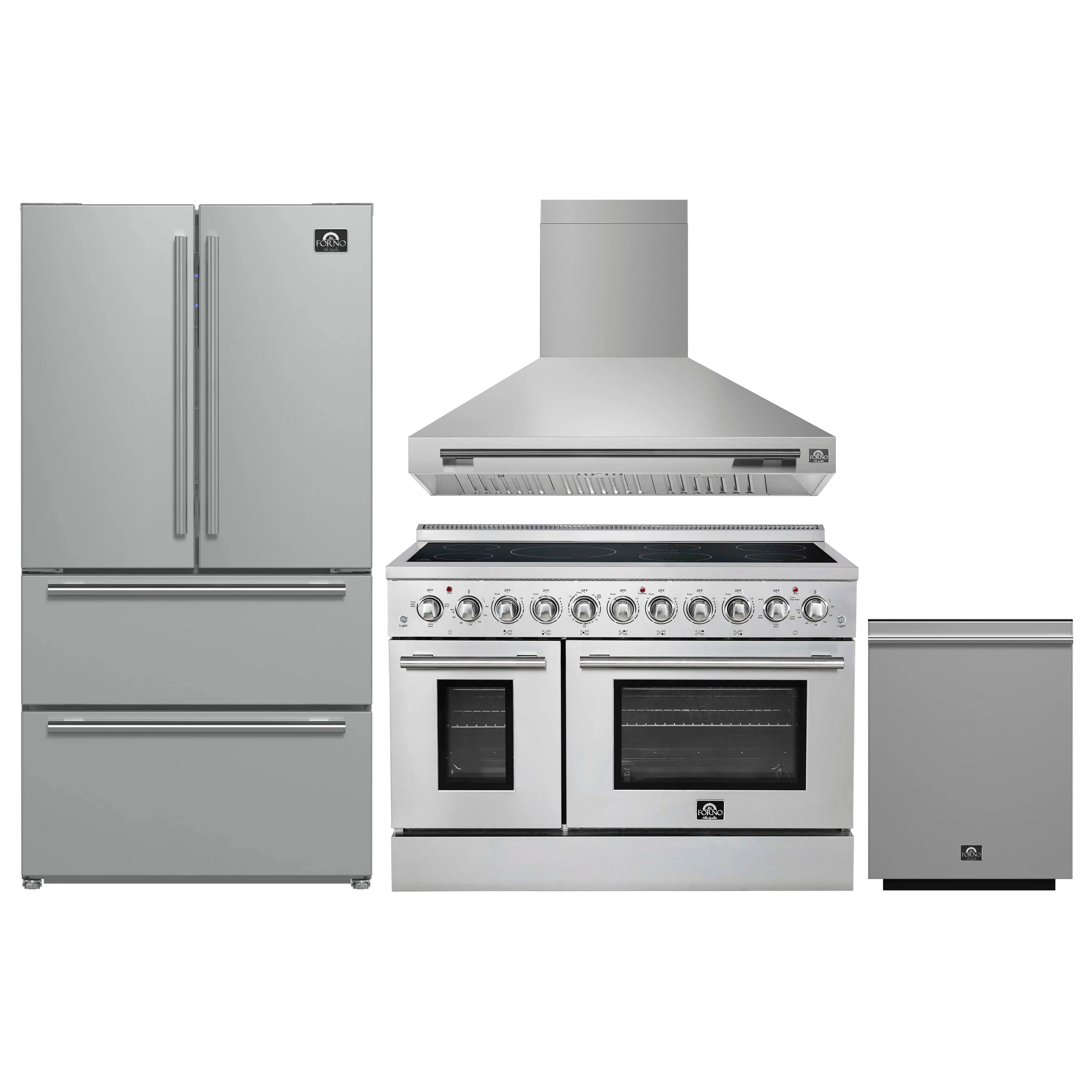 Stainless steel appliance set with refrigerator, electric range, range hood, and dishwasher
