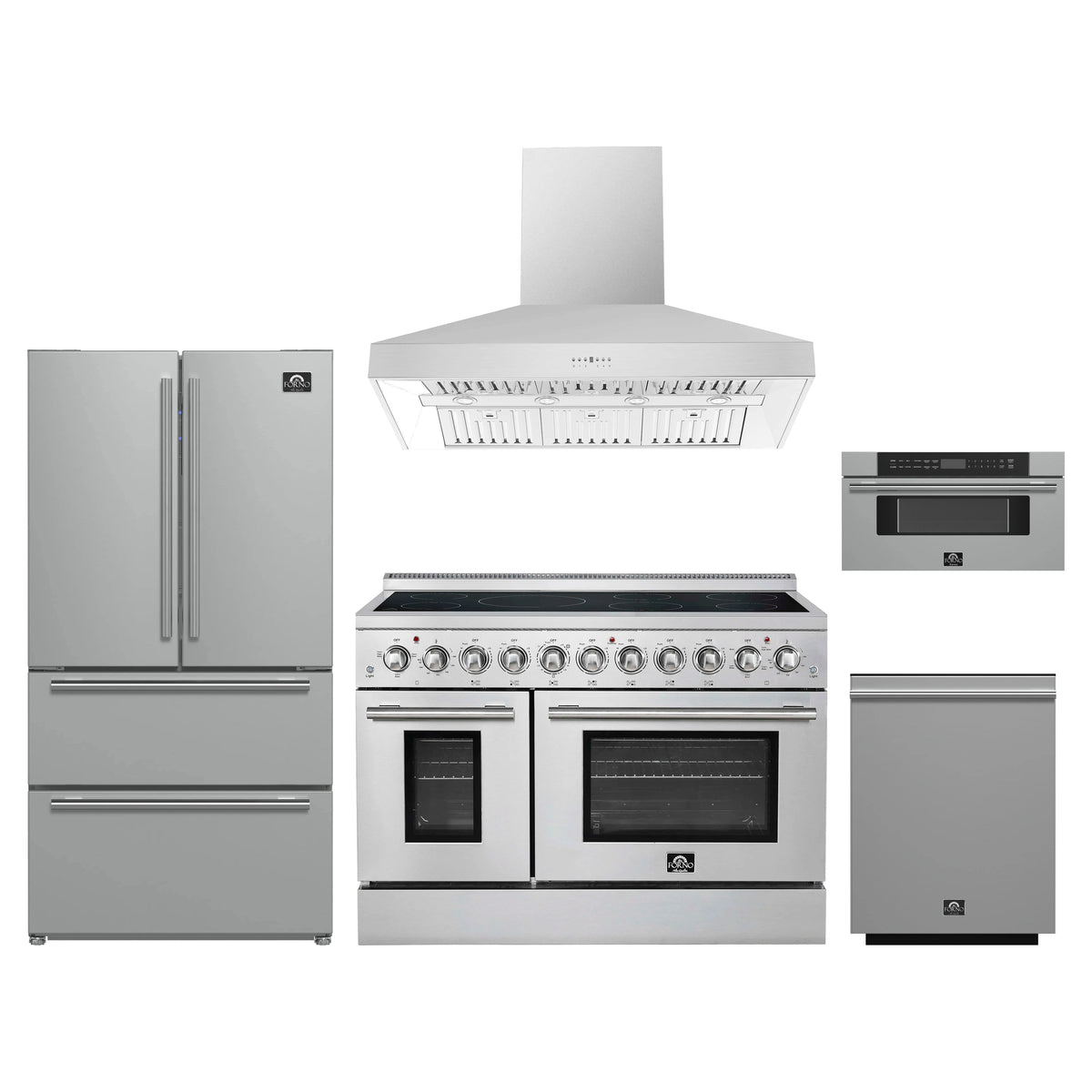 Forno 5-Piece Appliance Package - 48-Inch Electric Range, Wall Mount Range Hood, 36-Inch Refrigerator, Dishwasher, and 30-Inch Microwave Drawer in Stainless Steel