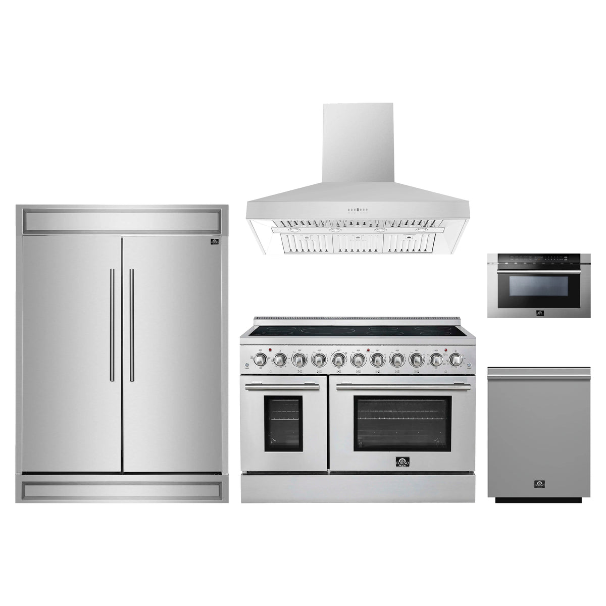 Forno 5-Piece Appliance Package - 48-Inch Electric Range, Wall Mount Range Hood, 60-Inch Refrigerator, Dishwasher, and 24-Inch Microwave Drawer in Stainless Steel