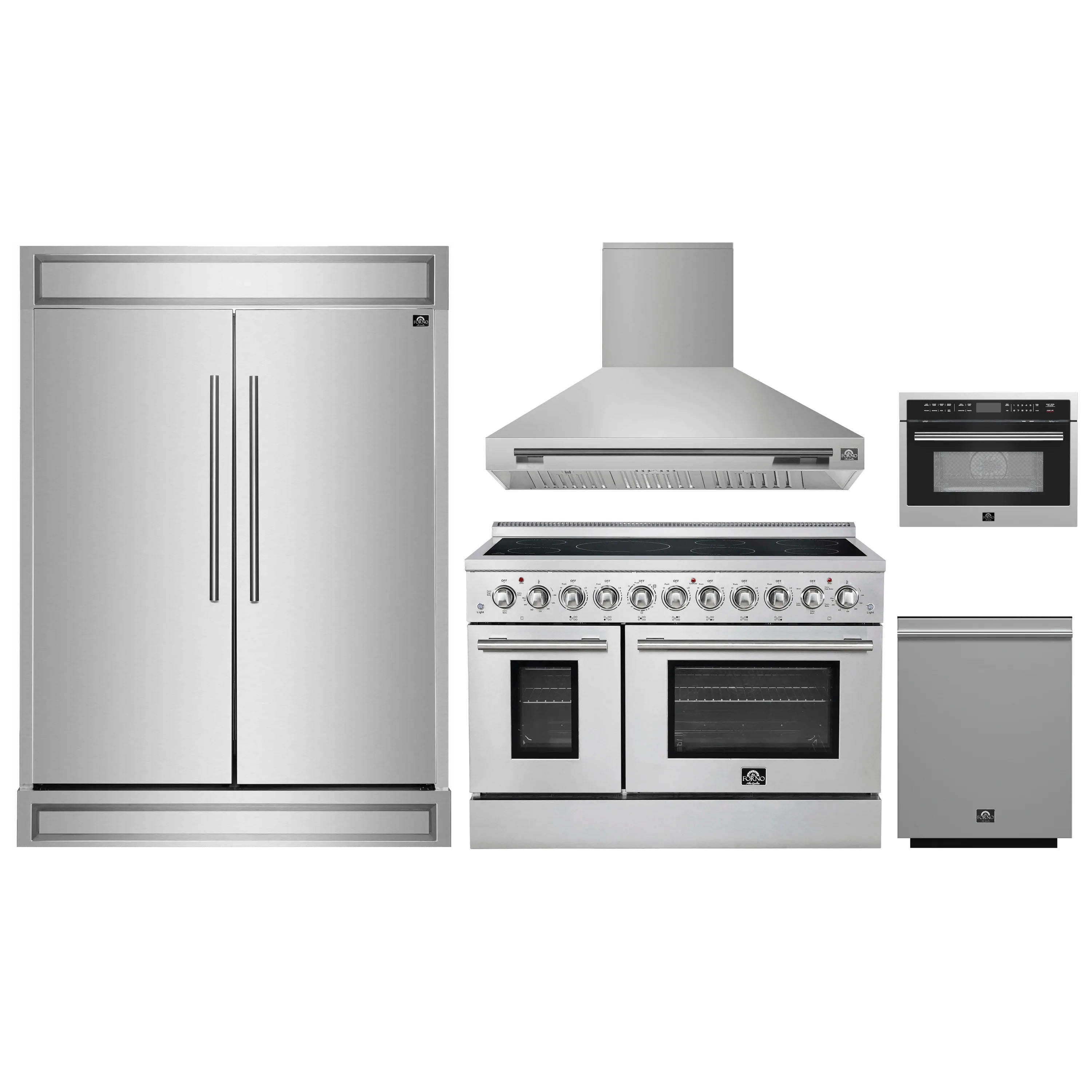 Stainless steel appliance set: refrigerator, wall hood, electric range, and microwave