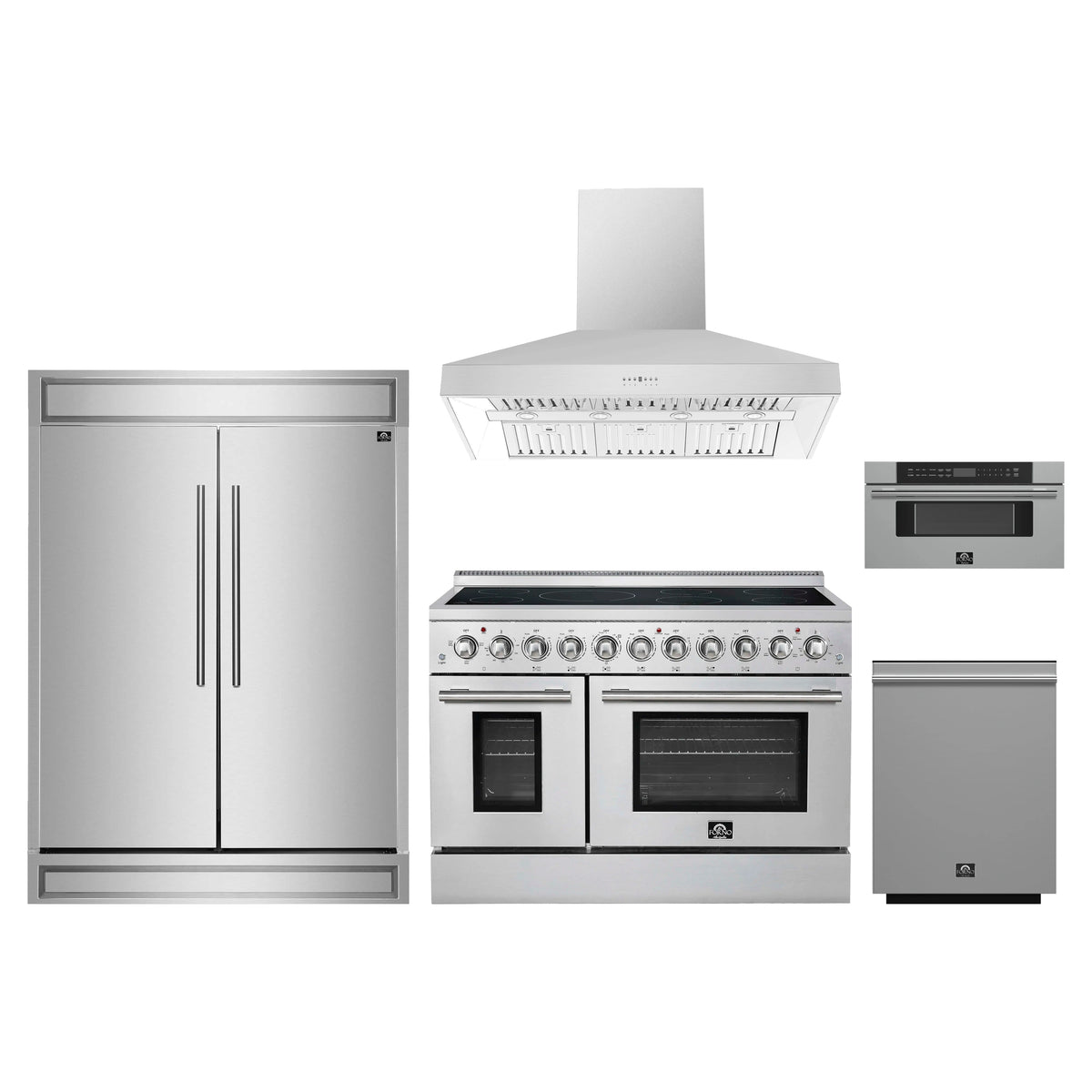 Forno 5-Piece Appliance Package - 48-Inch Electric Range, Wall Mount Range Hood, 60-Inch Refrigerator, Dishwasher, and 30-Inch Microwave Drawer in Stainless Steel
