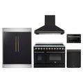 Forno 5-Piece Appliance Package - 48-Inch Electric Range, Wall Mount Range Hood, 60-Inch Refrigerator, Dishwasher, and 24-Inch Microwave Drawer in Black with Antique Brass Trim