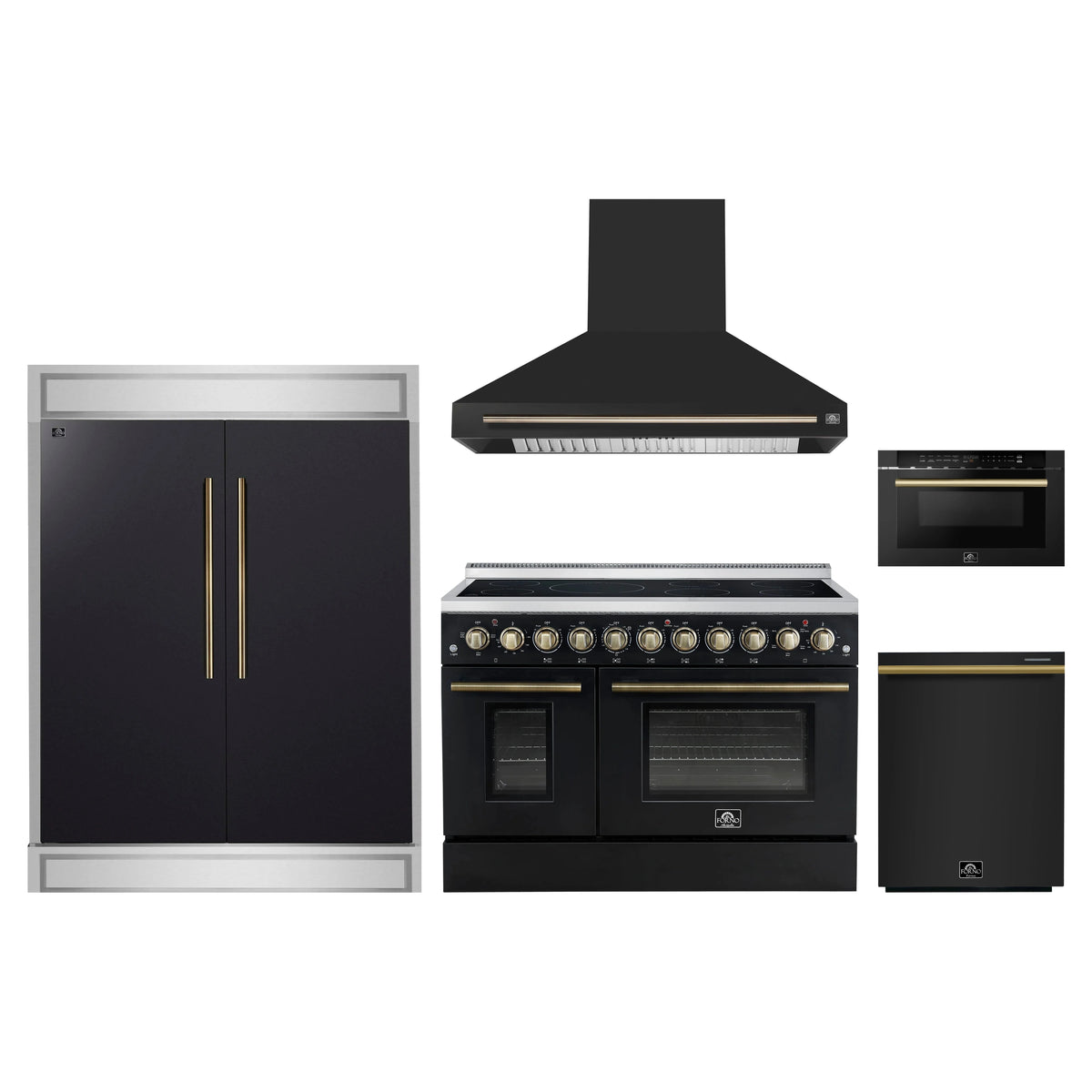 Forno 5-Piece Appliance Package - 48-Inch Electric Range, Wall Mount Range Hood, 60-Inch Refrigerator, Dishwasher, and 24-Inch Microwave Drawer in Black with Antique Brass Trim