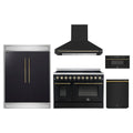 Forno 5-Piece Appliance Package - 48-Inch Electric Range, Wall Mount Range Hood, 60-Inch Refrigerator, Dishwasher, and 30-Inch Microwave Drawer in Black with Antique Brass Trim