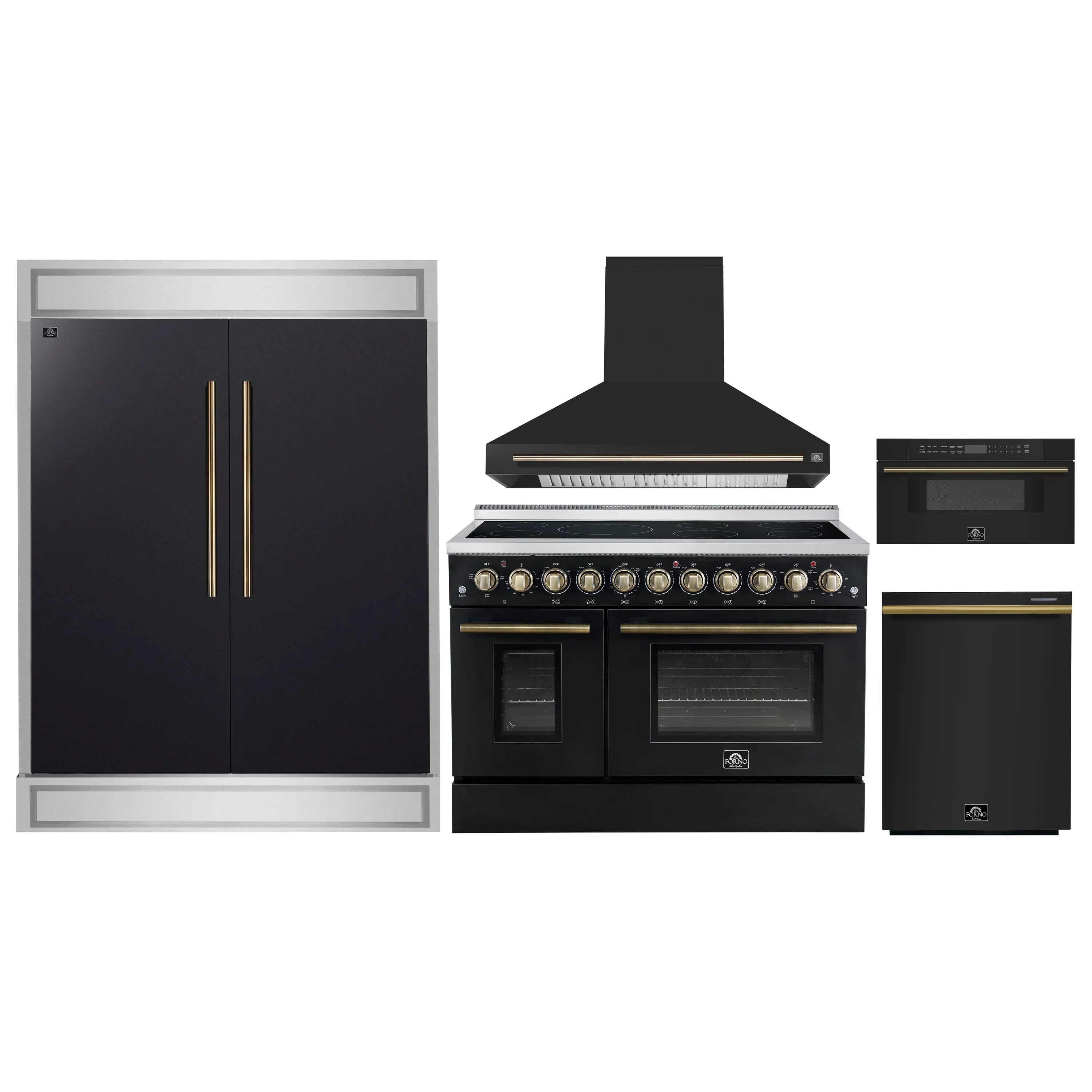 Black kitchen appliance package with electric range, hood, and microwave drawer