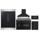 Forno 5-Piece Appliance Package - 48-Inch Electric Range, Wall Mount Range Hood, 60-Inch Refrigerator, Dishwasher, and 30-Inch Microwave Drawer in Black with Antique Brass Handle