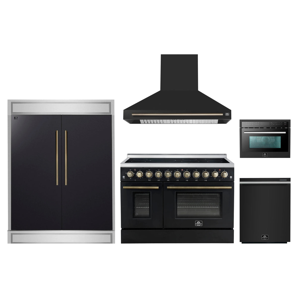 Forno 5-Piece Appliance Package - 48-Inch Electric Range, Wall Mount Range Hood, 60-Inch Refrigerator, Dishwasher, and 24-Inch Microwave Oven in Black with Antique Brass Trim