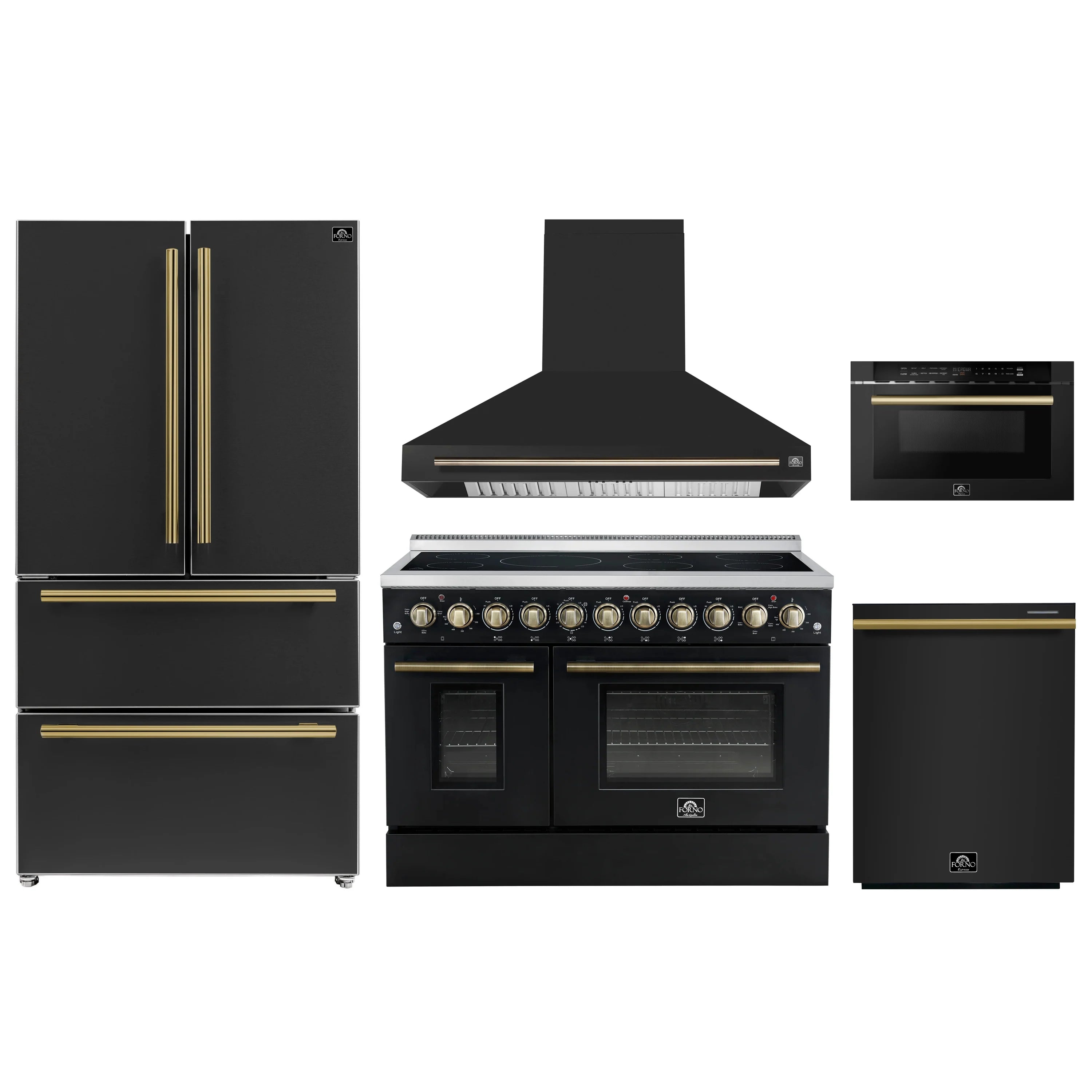 Black appliance set with antique brass accents: refrigerator, range, microwave, dishwasher, hood.