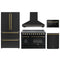 Forno 5-Piece Appliance Package - 48-Inch Electric Range, Wall Mount Range Hood, 36-Inch Refrigerator, Dishwasher, and 24-Inch Microwave Drawer in Black with Antique Brass Handle