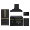 Forno 5-Piece Appliance Package - 48-Inch Electric Range, Wall Mount Range Hood, 36-Inch Refrigerator, Dishwasher, and 24-Inch Microwave Drawer in Black with Antique Brass Trim
