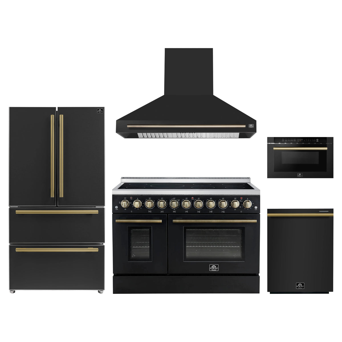 Forno 5-Piece Appliance Package - 48-Inch Electric Range, Wall Mount Range Hood, 36-Inch Refrigerator, Dishwasher, and 24-Inch Microwave Drawer in Black with Antique Brass Trim