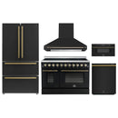 Forno 5-Piece Appliance Package - 48-Inch Electric Range, Wall Mount Range Hood, 36-Inch Refrigerator, Dishwasher, and 30-Inch Microwave Drawer in Black with Antique Brass Handle