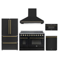 Forno 5-Piece Appliance Package - 48-Inch Electric Range, Wall Mount Range Hood, 36-Inch Refrigerator, Dishwasher, and 30-Inch Microwave Drawer in Black with Antique Brass Trim