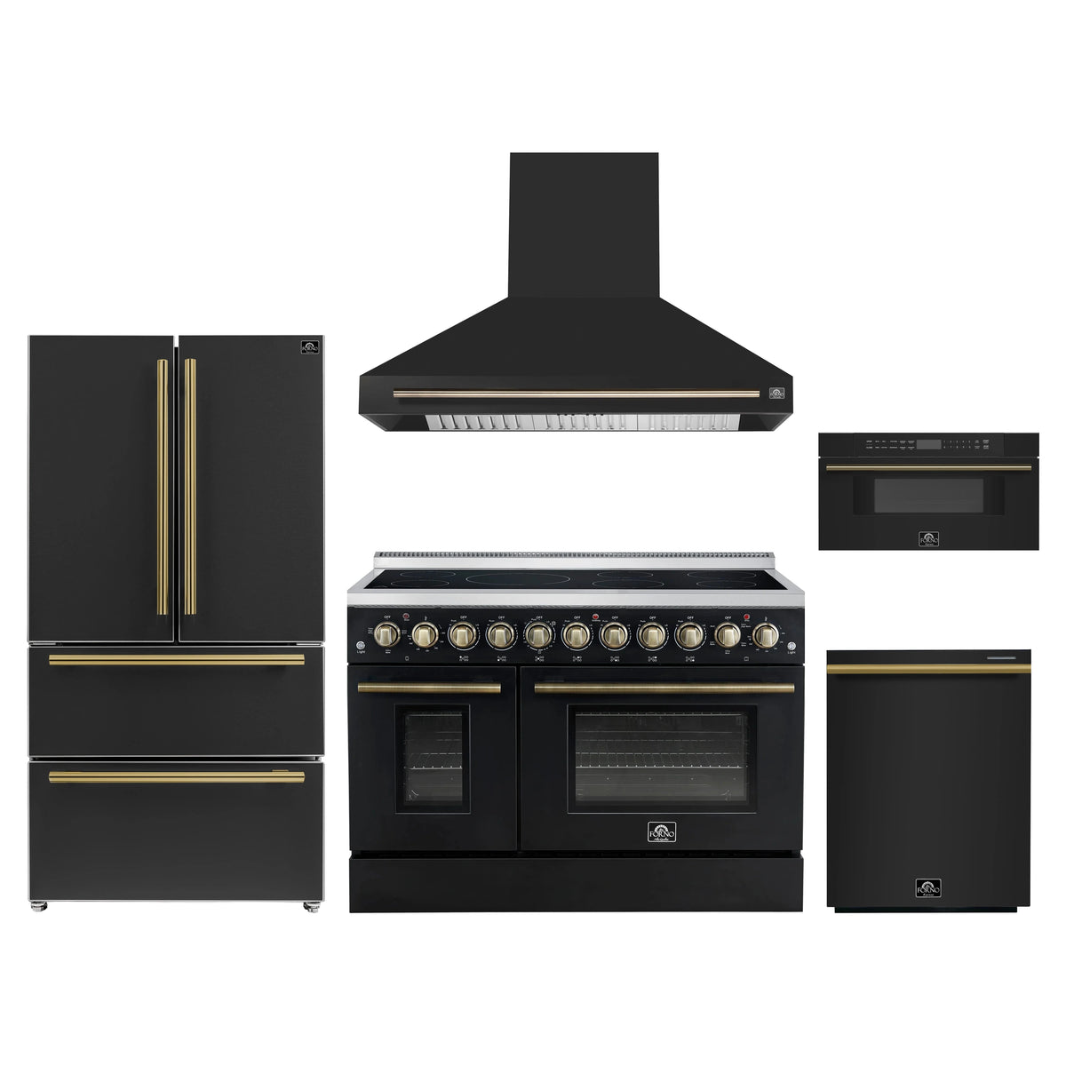 Forno 5-Piece Appliance Package - 48-Inch Electric Range, Wall Mount Range Hood, 36-Inch Refrigerator, Dishwasher, and 30-Inch Microwave Drawer in Black with Antique Brass Trim