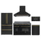 Forno 5-Piece Appliance Package - 48-Inch Electric Range, Wall Mount Range Hood, 36-Inch Refrigerator, Dishwasher, and 30-Inch Microwave Drawer in Black with Antique Brass Trim
