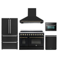 Forno 5-Piece Appliance Package - 48-Inch Electric Range, Wall Mount Range Hood, 36-Inch Refrigerator, Dishwasher, and 24-Inch Microwave Oven in Black with Antique Brass Trim