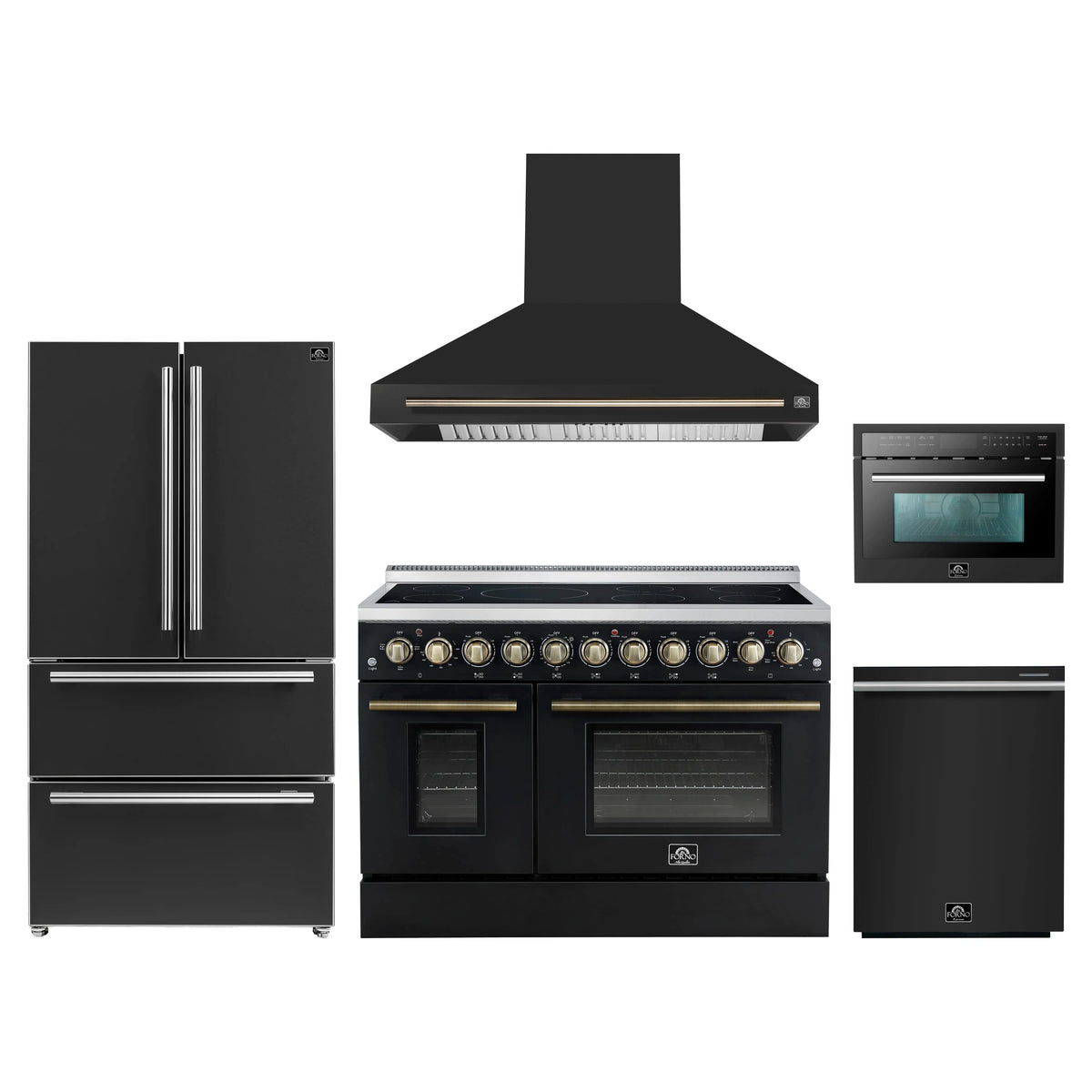 Forno 5-Piece Appliance Package - 48-Inch Electric Range, Wall Mount Range Hood, 36-Inch Refrigerator, Dishwasher, and 24-Inch Microwave Oven in Black with Antique Brass Trim