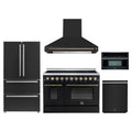 Forno 5-Piece Appliance Package - 48-Inch Electric Range, Wall Mount Range Hood, 36-Inch Refrigerator, Dishwasher, and 30-Inch Microwave Oven in Black with Antique Brass Trim