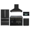 Forno 5-Piece Appliance Package - 48-Inch Electric Range, Wall Mount Range Hood, 36-Inch Refrigerator, Dishwasher, and 30-Inch Microwave Oven in Black with Antique Brass Trim
