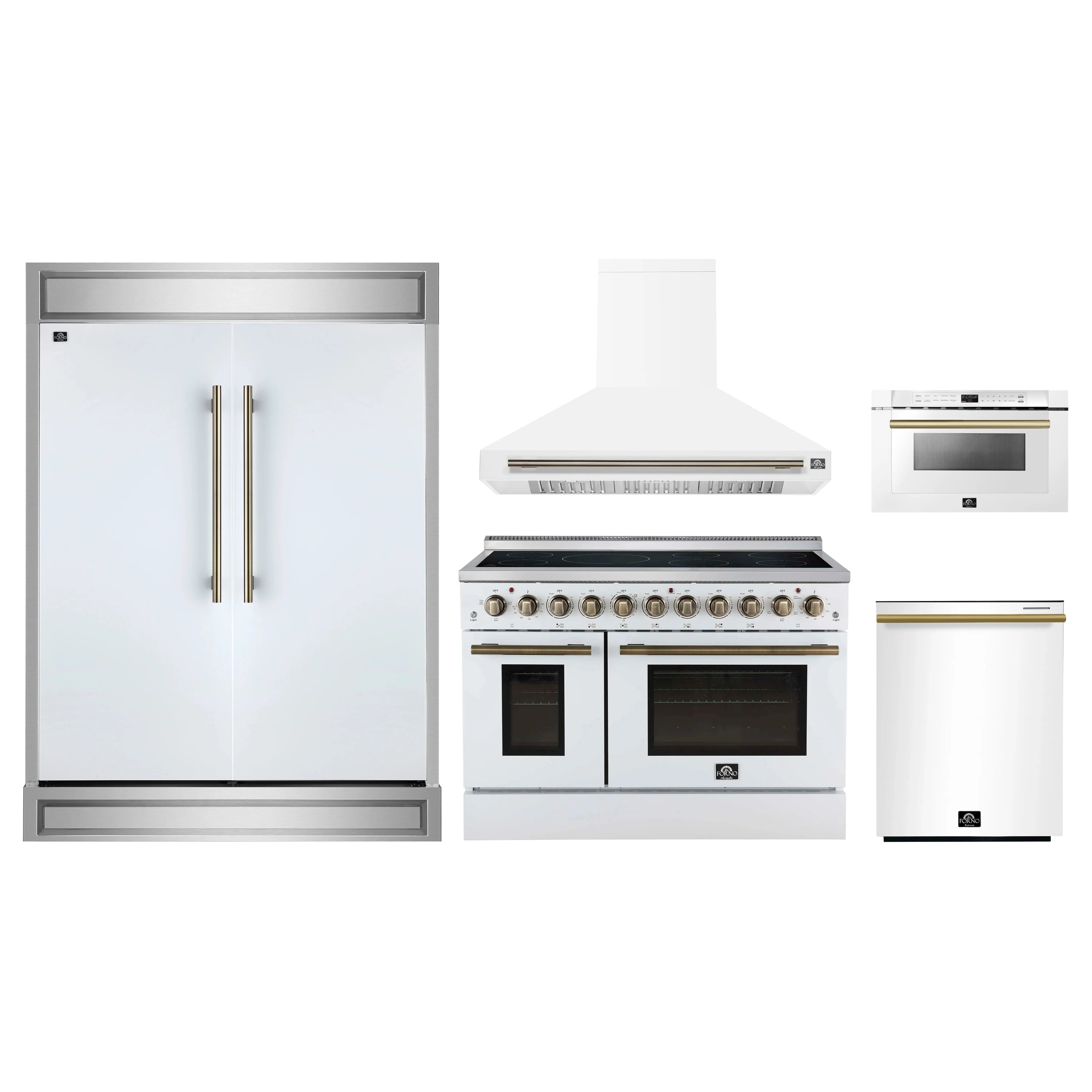 White 5-piece kitchen appliance set with antique brass handles: refrigerator and range