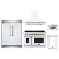 Forno 5-Piece Appliance Package - 48-Inch Electric Range, Wall Mount Range Hood, 60-Inch Refrigerator, Dishwasher, and 24-Inch Microwave Drawer in White with Antique Brass Trim