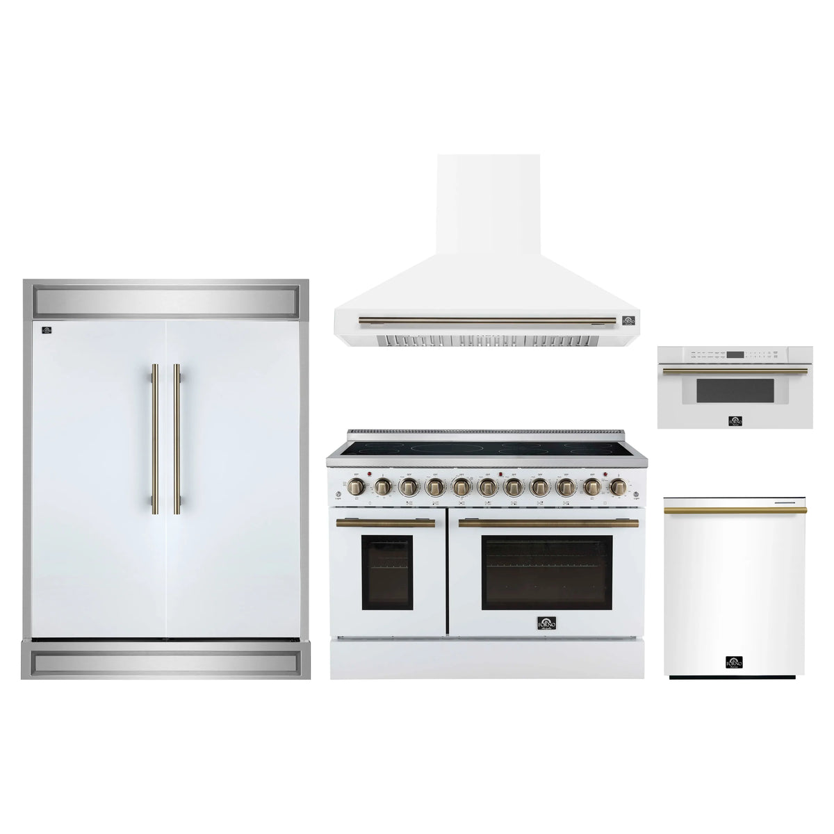 Forno 5-Piece Appliance Package - 48-Inch Electric Range, Wall Mount Range Hood, 60-Inch Refrigerator, Dishwasher, and 30-Inch Microwave Drawer in White with Antique Brass Trim
