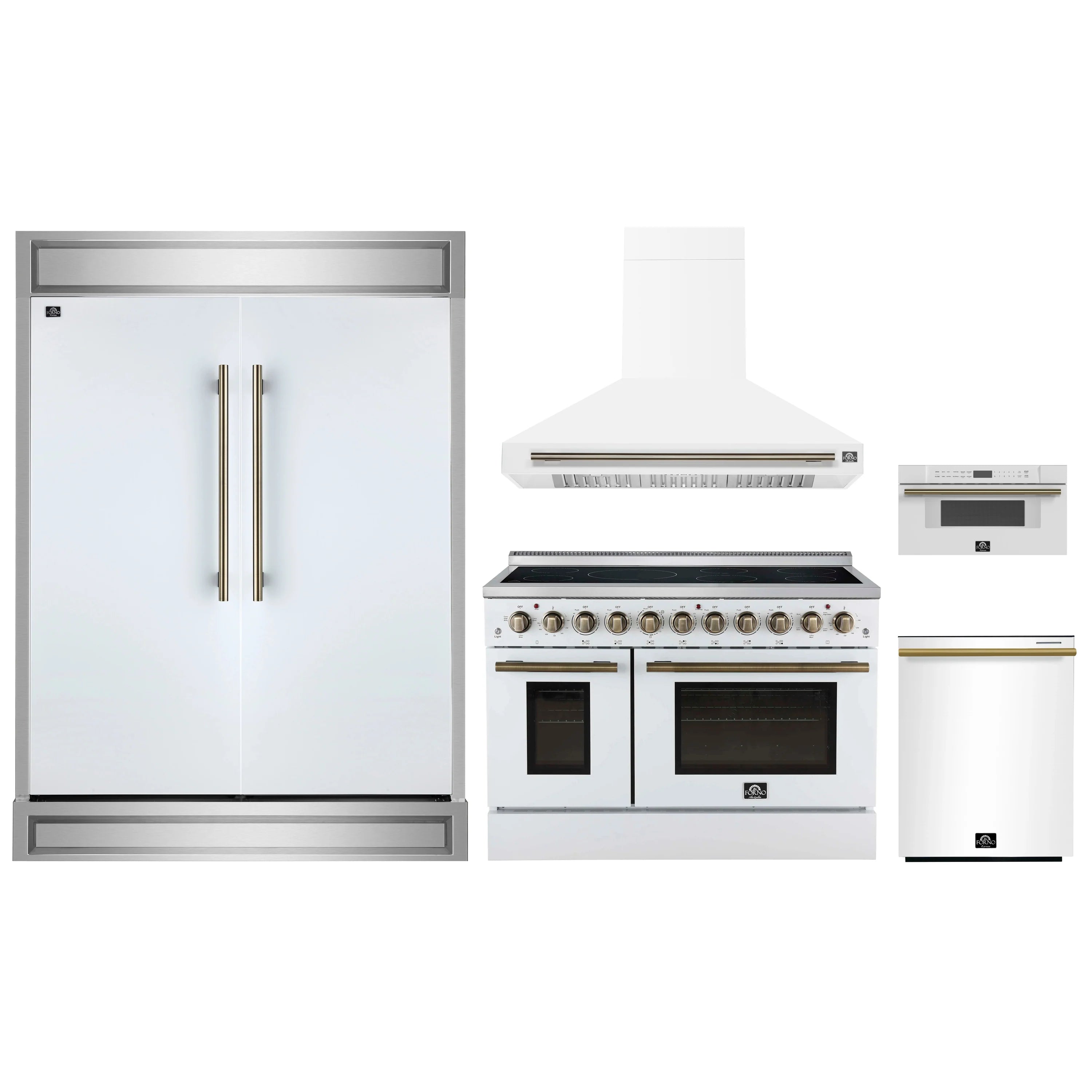 White kitchen appliance set with refrigerator, electric range, microwave hood, and dishwasher