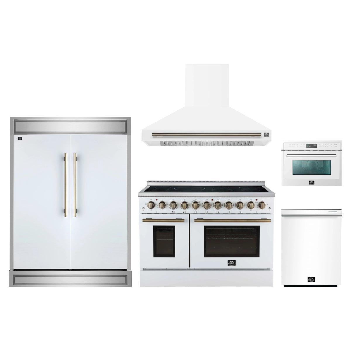 Forno 5-Piece Appliance Package - 48-Inch Electric Range, Wall Mount Range Hood, 60-Inch Refrigerator, Dishwasher, and 24-Inch Microwave Oven in White with Antique Brass Trim