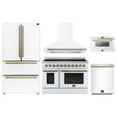 Forno 5-Piece Appliance Package - 48-Inch Electric Range, Wall Mount Range Hood, 36-Inch Refrigerator, Dishwasher, and 24-Inch Microwave Drawer in White with Antique Brass Handle