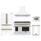 Forno 5-Piece Appliance Package - 48-Inch Electric Range, Wall Mount Range Hood, 36-Inch Refrigerator, Dishwasher, and 24-Inch Microwave Drawer in White with Antique Brass Trim