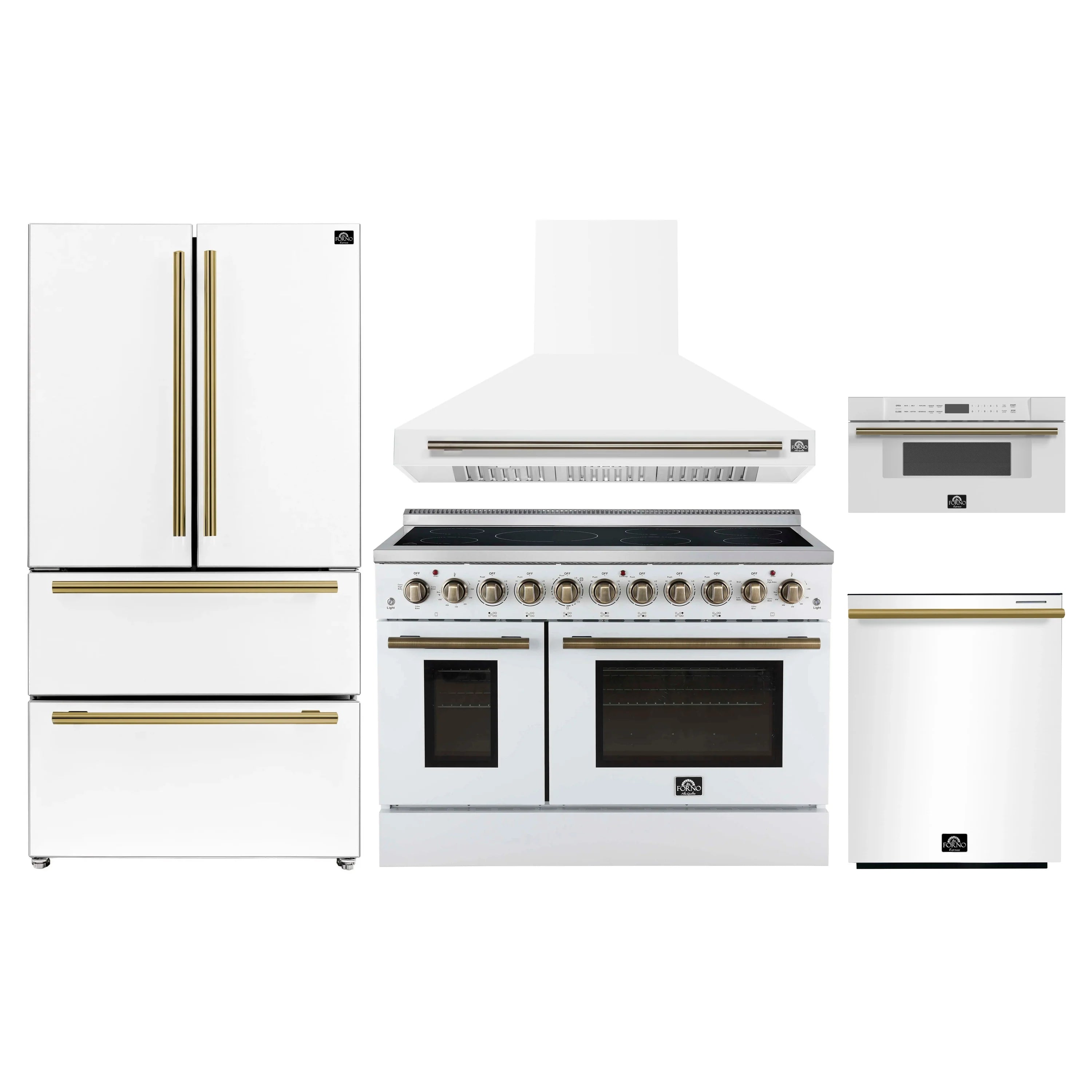 White kitchen appliance package with electric range, hood, microwave, and refrigerator