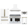 Forno 5-Piece Appliance Package - 48-Inch Electric Range, Wall Mount Range Hood, 36-Inch Refrigerator, Dishwasher, and 30-Inch Microwave Drawer in White with Antique Brass Trim