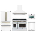 Forno 5-Piece Appliance Package - 48-Inch Electric Range, Wall Mount Range Hood, 36-Inch Refrigerator, Dishwasher, and 24-Inch Microwave Oven in White with Antique Brass Trim