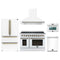 Forno 5-Piece Appliance Package - 48-Inch Electric Range, Wall Mount Range Hood, 36-Inch Refrigerator, Dishwasher, and 24-Inch Microwave Oven in White with Antique Brass Trim